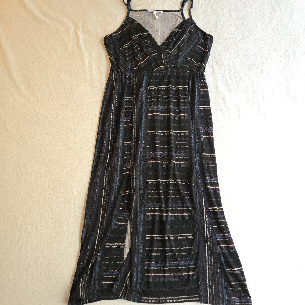 BCBGeneration Black Spaghetti Strap Midi Dress Multicolor Stripe Y2K Split Hem